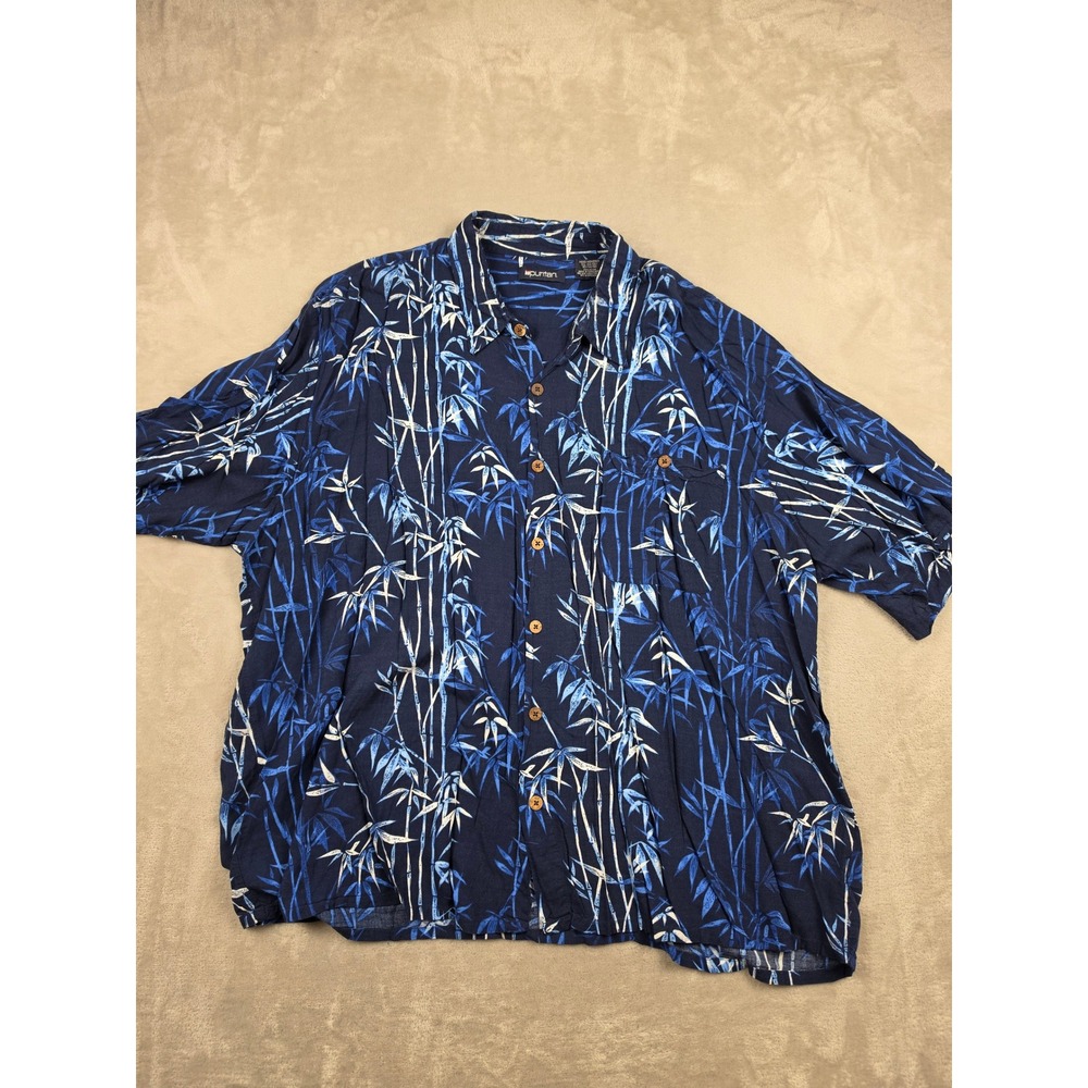 Puritan Button Down Shirt Mens 3XL Blue Bamboo Tropical Rayon Short Sleeve